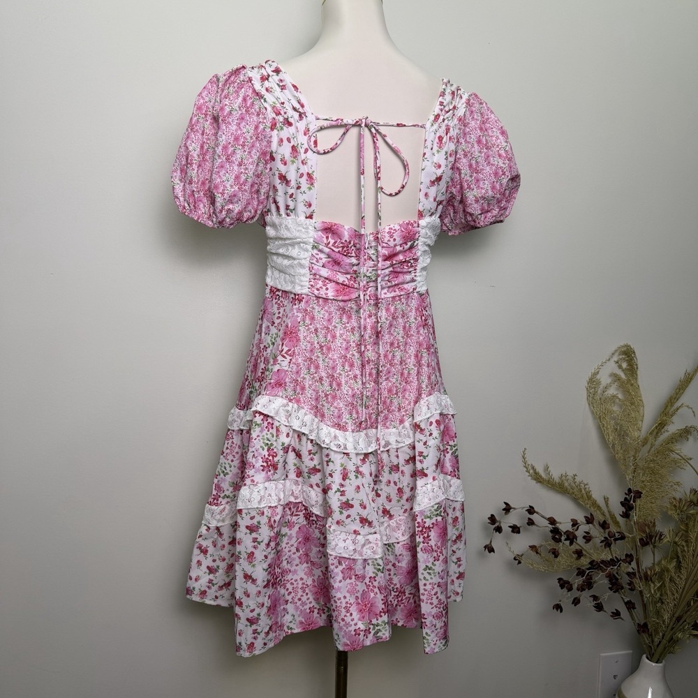 Cottagecore Dress Patchwork Lace Ruffle Pink Floral Mini Coquette Milkmaid M - Picture 5 of 7